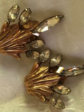 Napier Pat. Pend. clip earrings, Hollywood Regency styled, signed both earrings